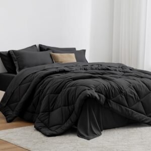 Queen Comforter Set Black, 7 Pieces Queen Bed in a Bag, All Season Bedding Sets with 1 Comforter, 1 Flat Sheet, 1 Fitted Sheet, 2 Pillowcase and 2 Pillow Sham | Soft