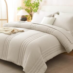 Queen Comforter Set Beige - 7 Pieces Bed in a Bag, Modern Vertical Quilted Room Decor, Soft All-Season Bedding Gift with Comforter, Sheets, Pillowcases & Shams