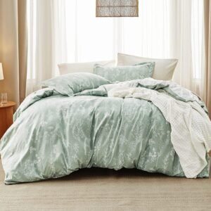 Queen Comforter Set - Sage Green Bed Set, 3 Pieces Cute Floral Bedding, 1 Soft Reversible Botanical Flowers Comforter and 2 Pillow Shams