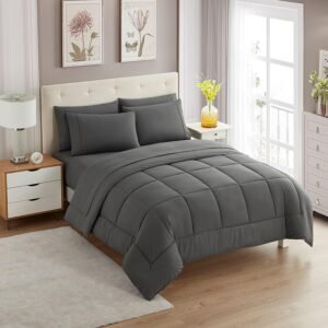 Collection 5 Piece Comforter Set Bag Solid Color All Season Soft Down Alternative Blanket & Luxurious Microfiber Bed Sheets, Gray, Twin