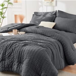 Queen Comforter Set  7 Pieces, All Season Luxury Bed in a Bag for Bedroom, Bedding Set with Comforters, Sheets, Pillowcases & Shams, Dark Grey