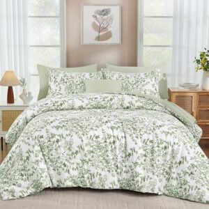 8 Pieces Queen Size Comforter Set Green, Sage Green Floral Bed in a Bag Comforter Sets, Soft Reversible Botanical Flowers Bedding Sets for All Season (90"x90")