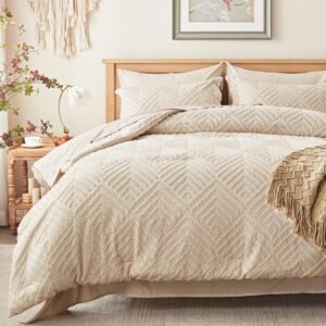 Queen Comforter Set 7 Pieces, Beige Bed in a Bag Queen Size, Tufted Boho Bedding Set with 1 Comforter, 2 Pillow Shams, 2 Pillowcases, 1 Flat Sheet, 1 Fitted Sheet