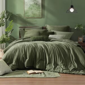 King Size Comforter Set, Olive Green King Bed Set Reversible, King Size Comforter Set 7 Pieces, Cationic Dyeing Bed in a Bag with Comforter, Sheets, Pillowcases & Shams